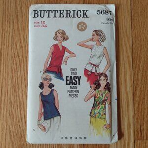 Vintage 60s Sleeveless Top Sewing Pattern Size 12 34"B UNCUT Butterick 5687